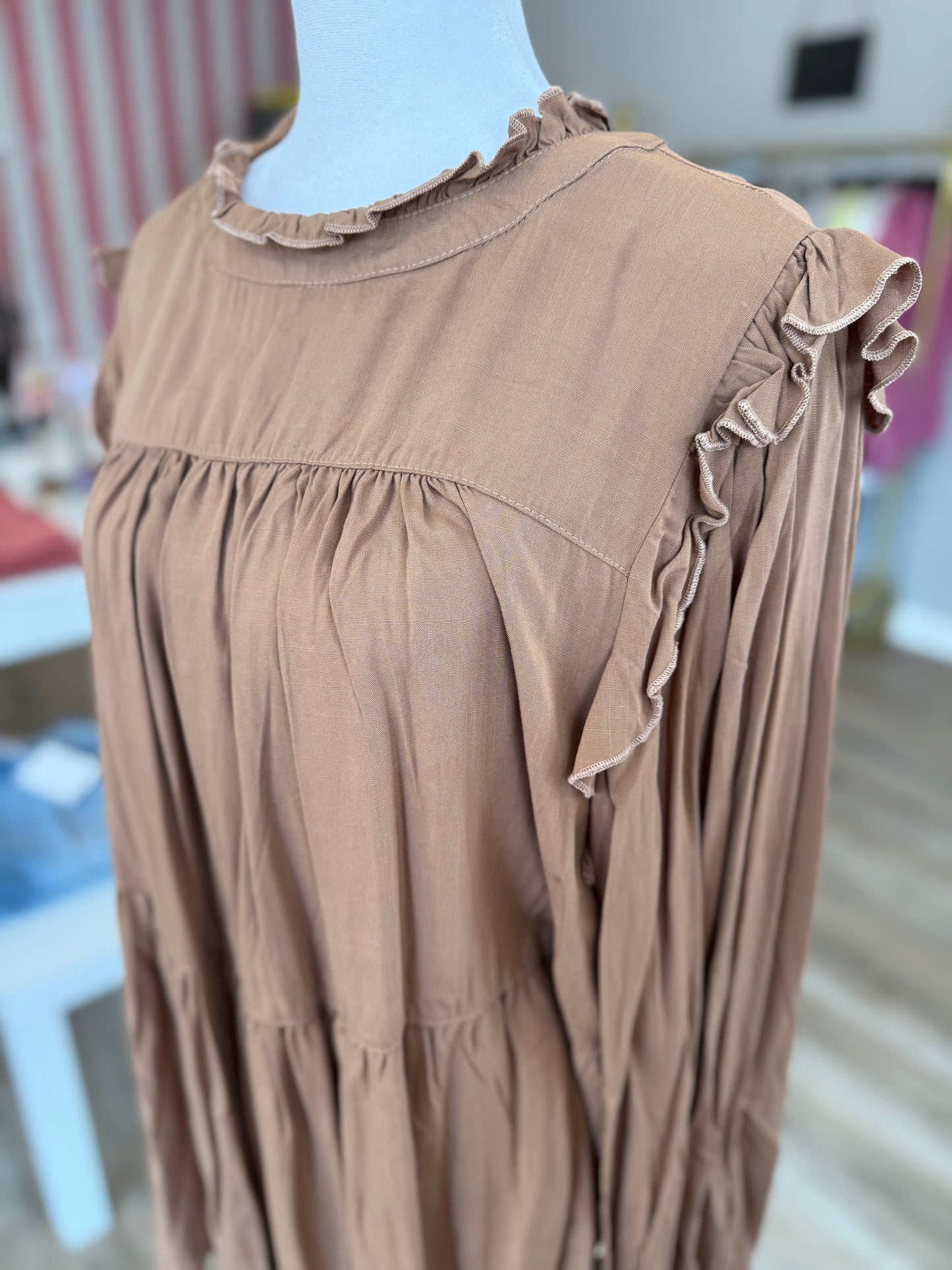 Brown Ruffle Sleeve Blouse PP030
