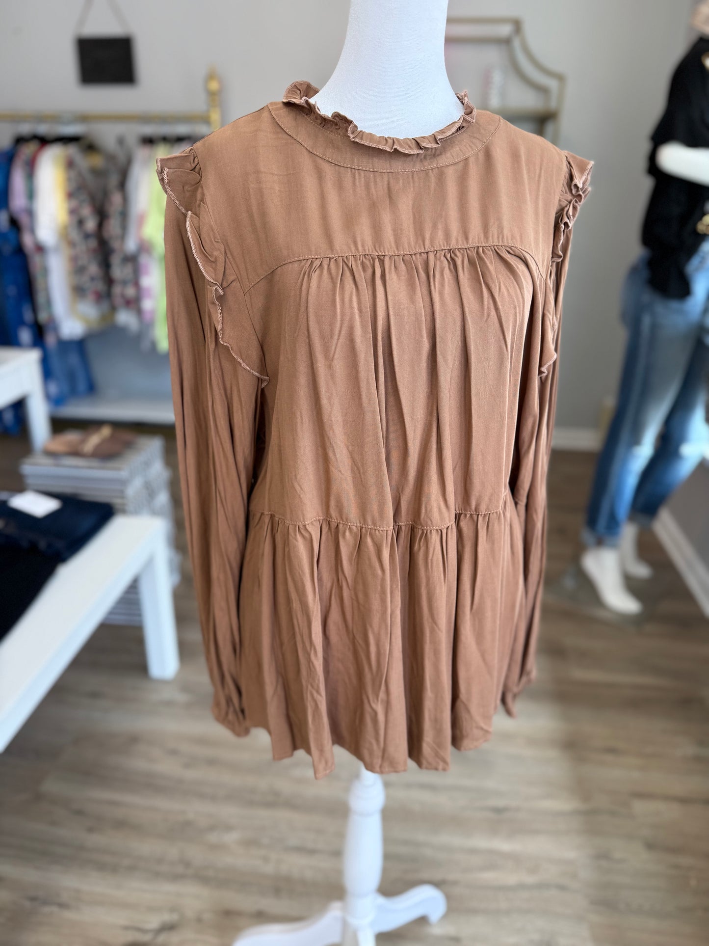 Brown Ruffle Sleeve Blouse PP030