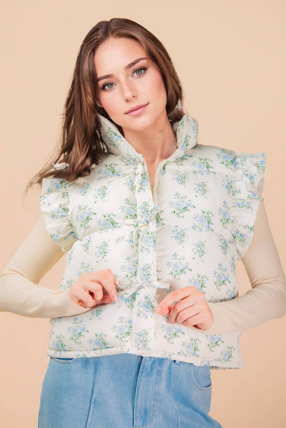 Front Bow Ruffle Sleeve Puffer Vest PP125