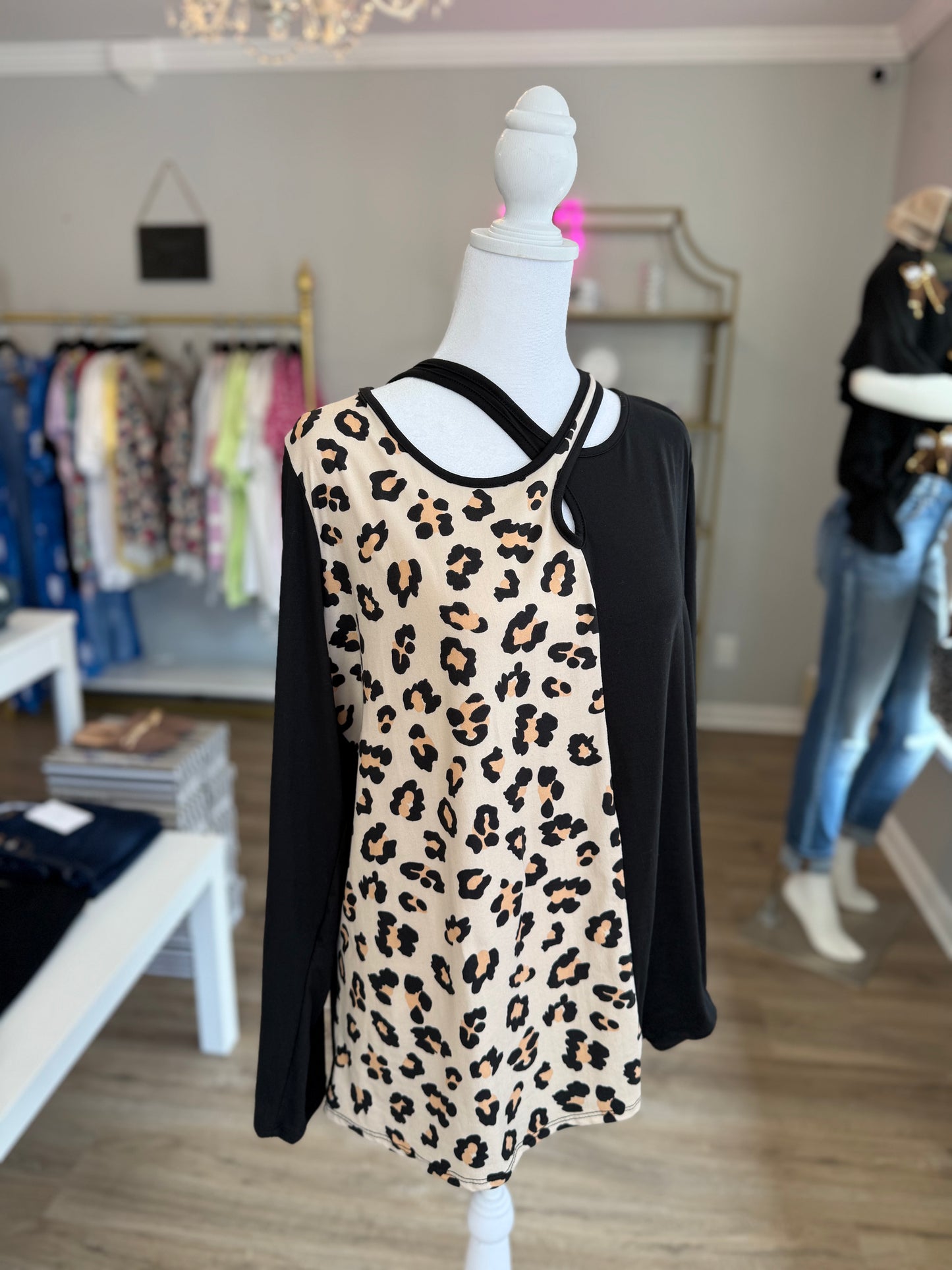 Black Cross Front Cheetah Blouse PP029