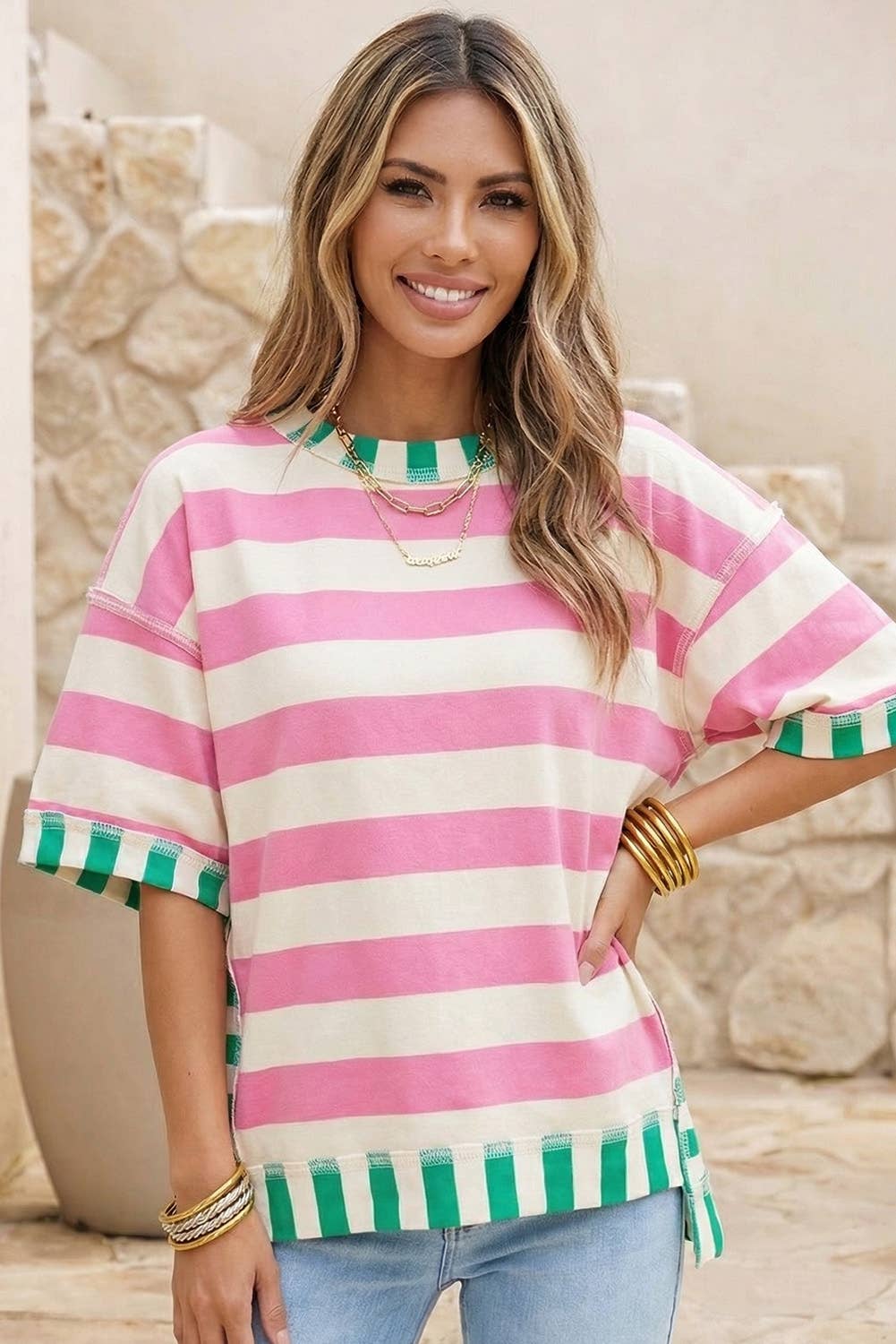 Striped Shift Colorblock Round Neck Blouse PP177