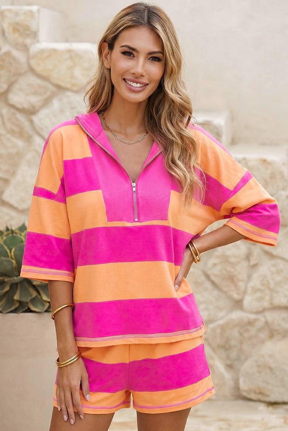 Half Zip Oversize Tee Casual Shorts 2pcs SetPP145