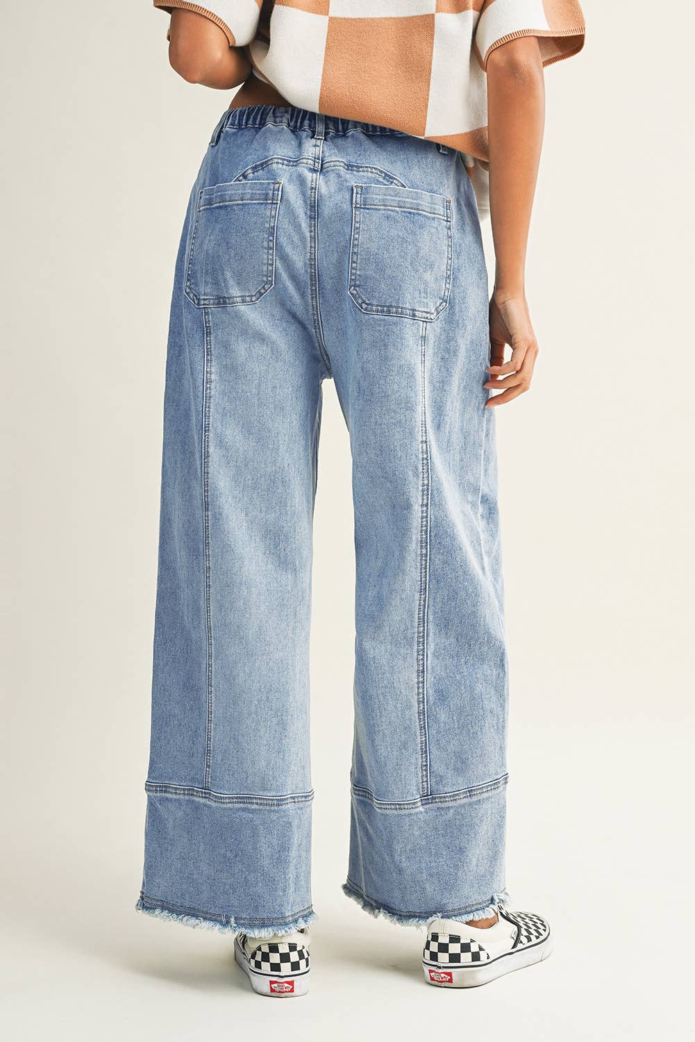 Drawstring Seam Detail Raw Hem Wide Leg Denim Pants PP176