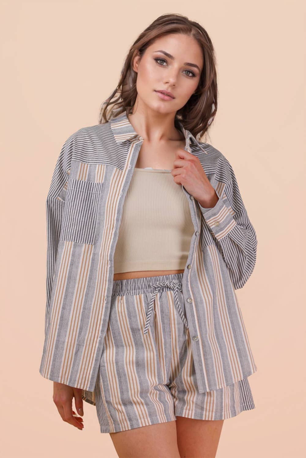 NT12497SET-Stripe Woven Shirt Top & Shorts Set