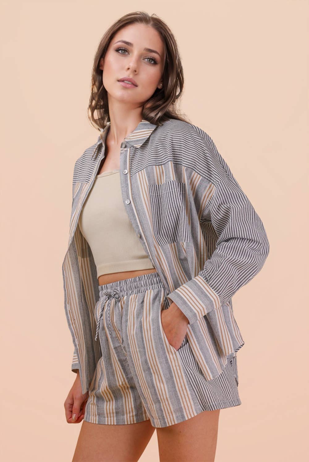 NT12497SET-Stripe Woven Shirt Top & Shorts Set