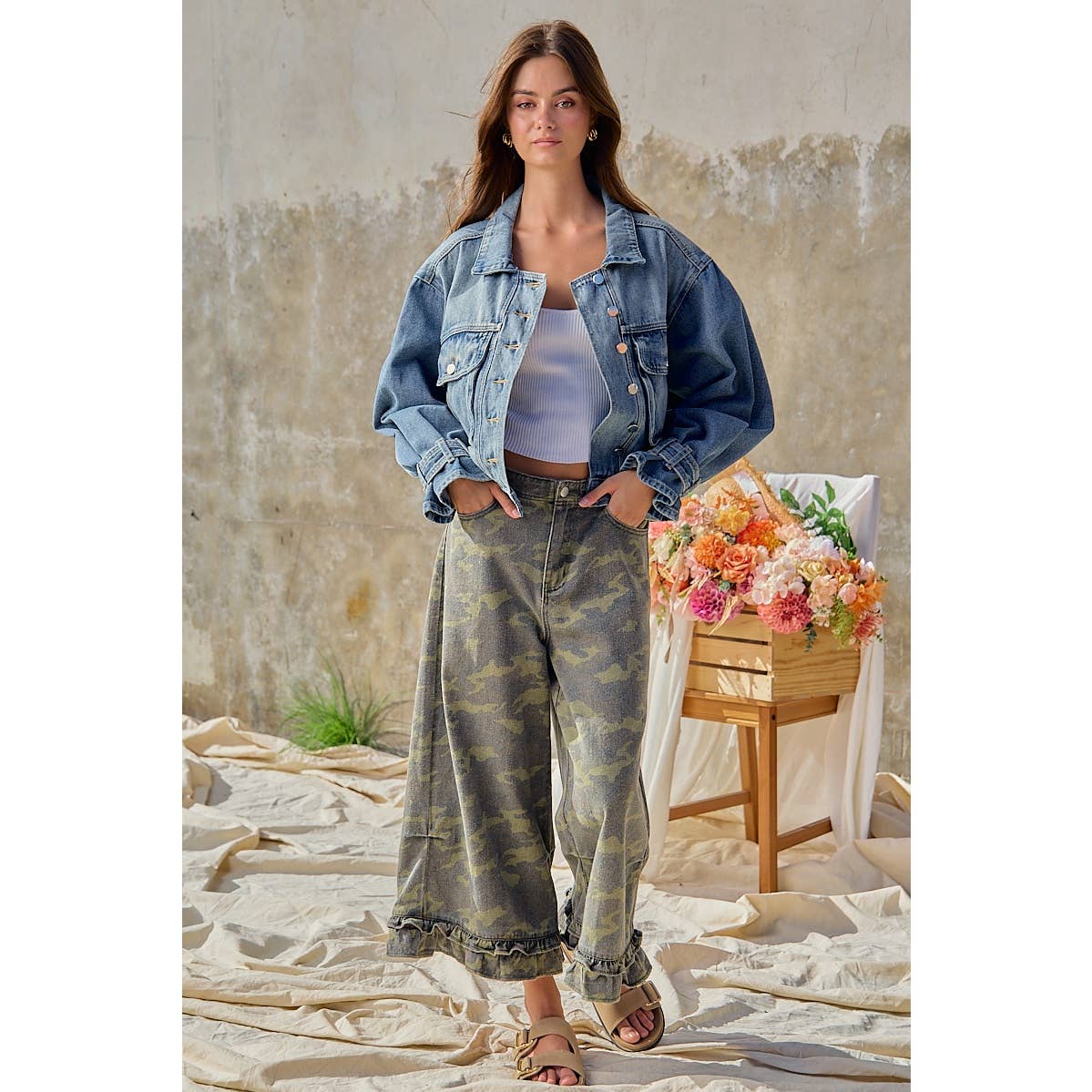 Camouflage Denim Ruffled Hem Mid Rise Bloomer Pants PP175