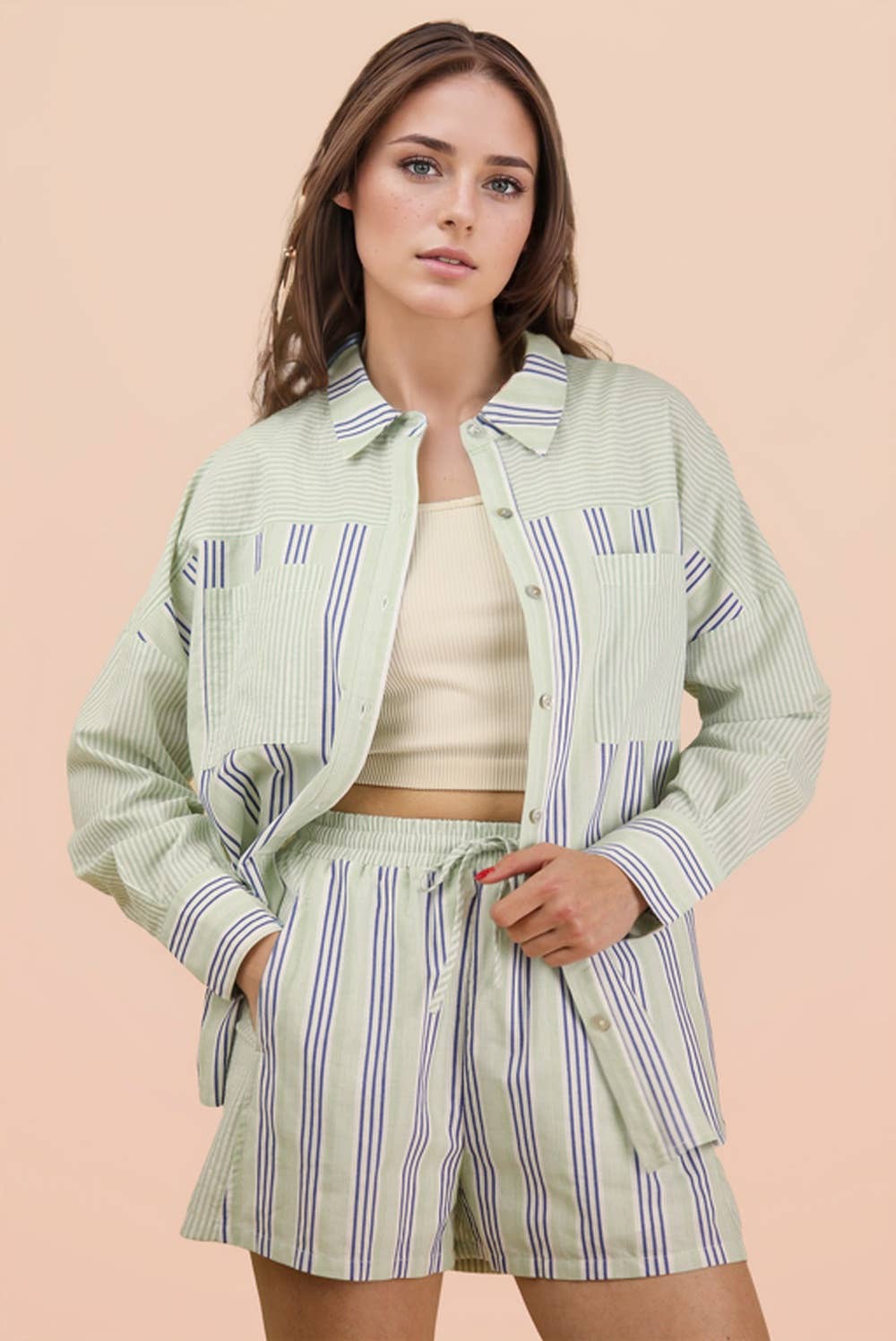 NT12497SET-Stripe Woven Shirt Top & Shorts Set