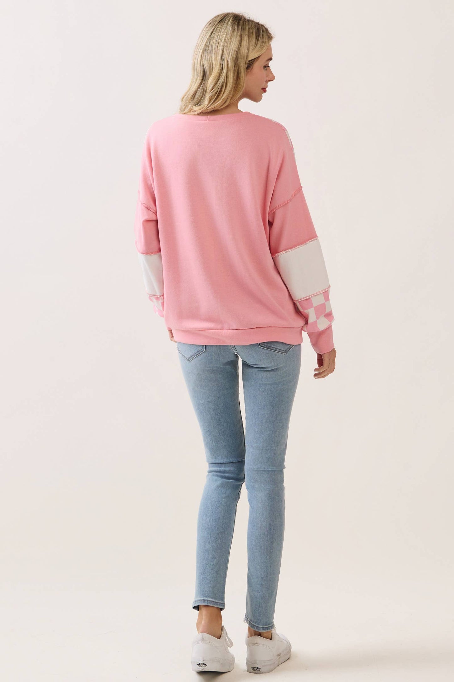 Checkered Print Patchwork Pullover Top PP114
