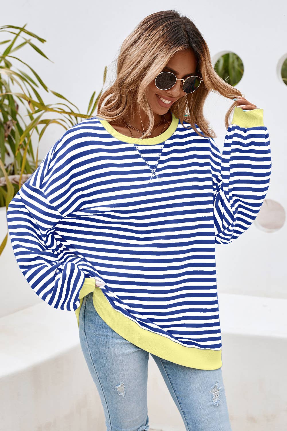 Stripe Contrast Trim Oversized Pullover Sweatshirt PP135
