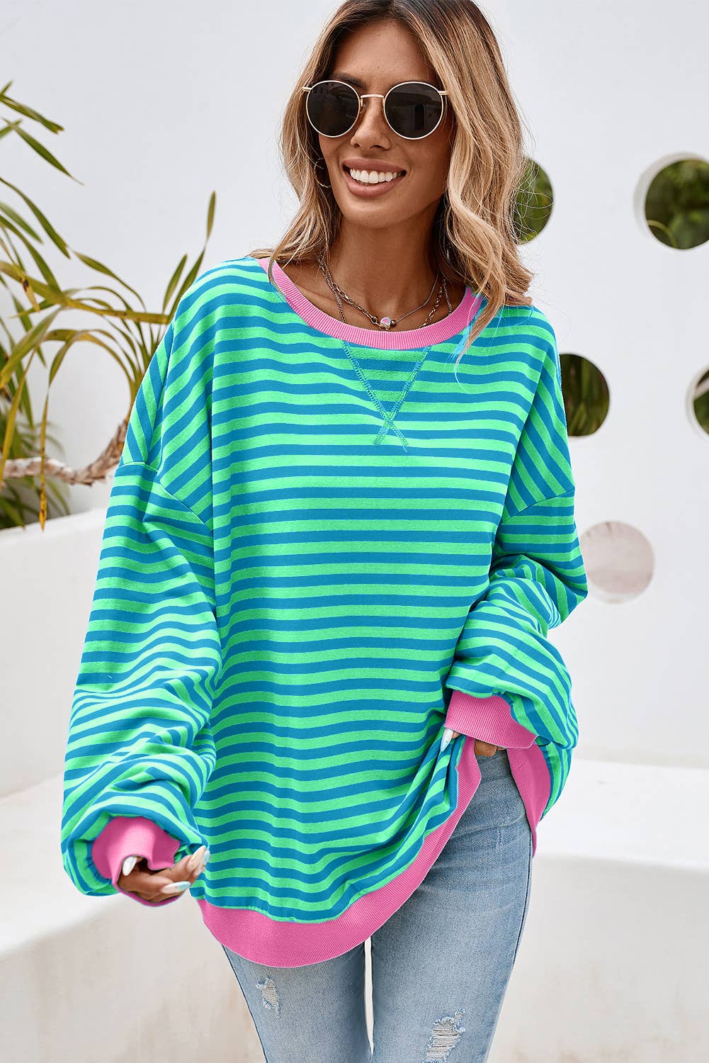 Stripe Contrast Trim Oversized Pullover Sweatshirt PP135
