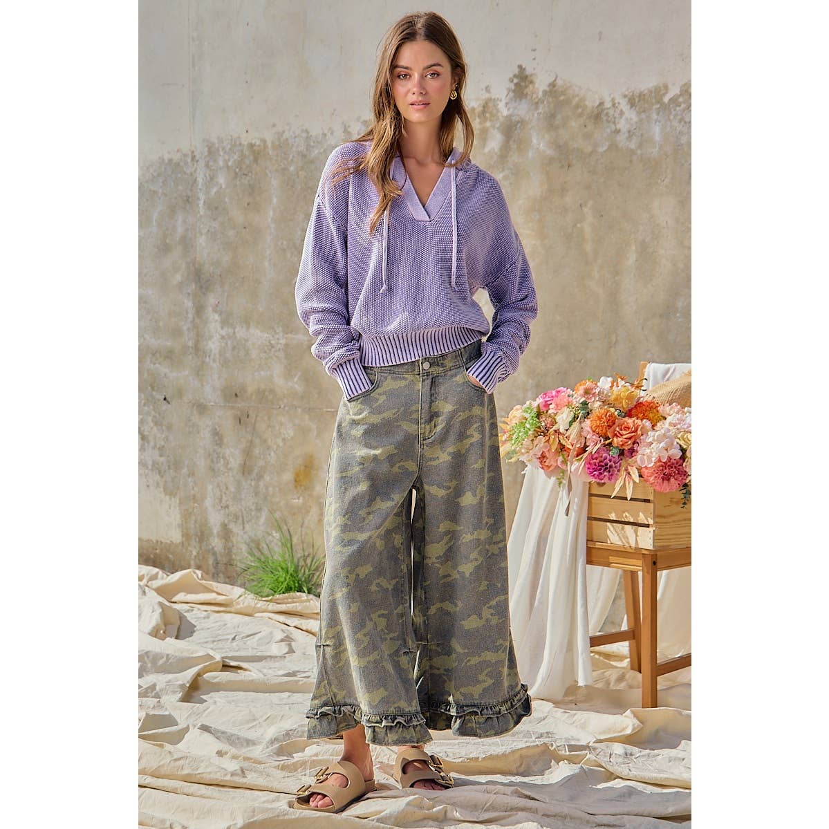 Camouflage Denim Ruffled Hem Mid Rise Bloomer Pants PP175