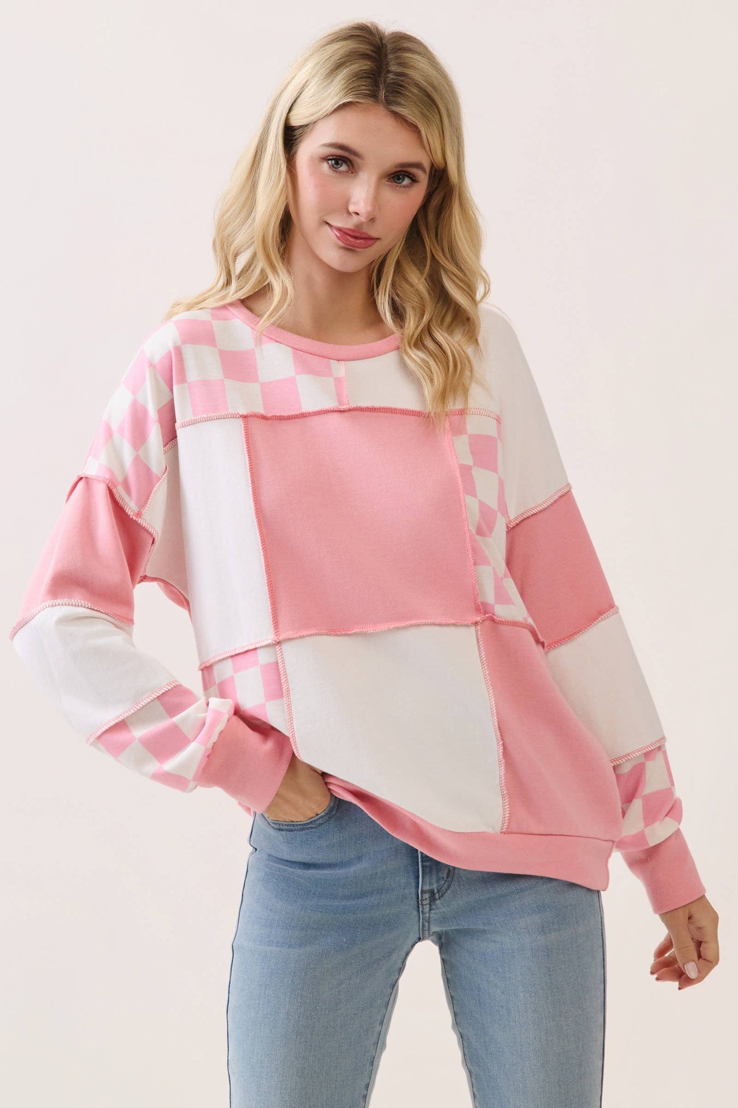 Checkered Print Patchwork Pullover Top PP114