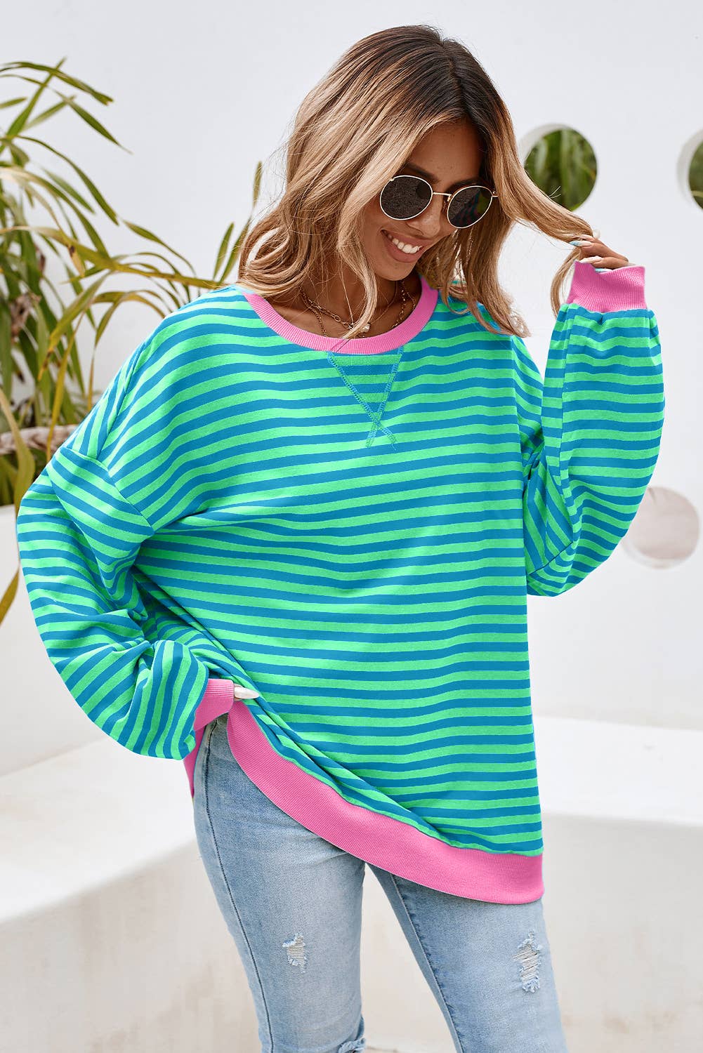 Stripe Contrast Trim Oversized Pullover Sweatshirt PP135