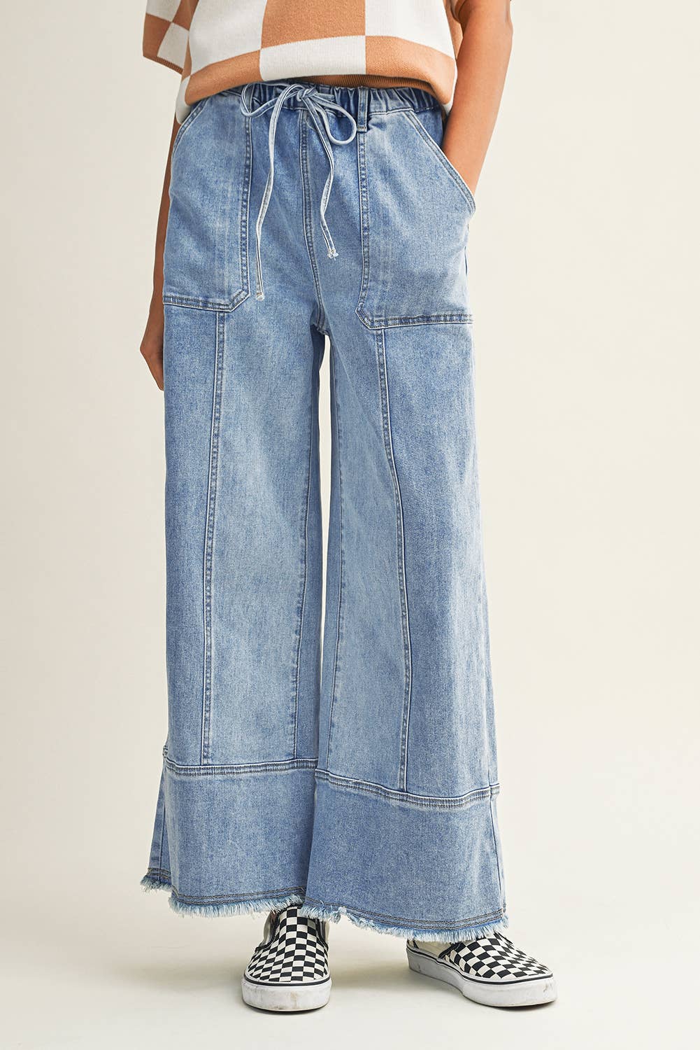Drawstring Seam Detail Raw Hem Wide Leg Denim Pants PP176