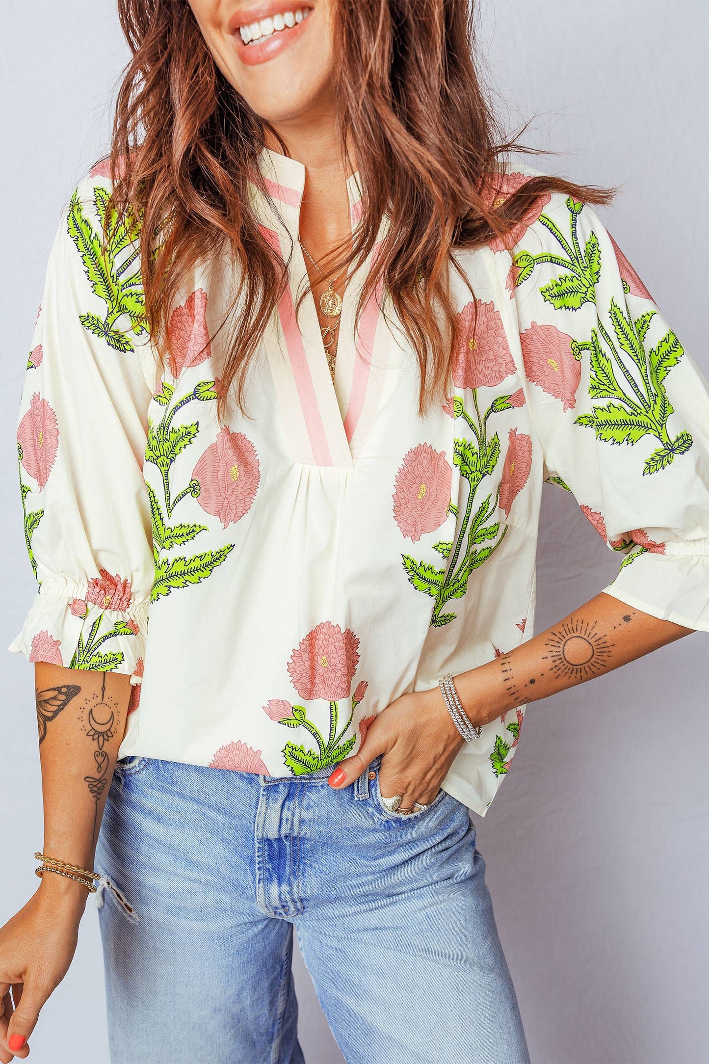 Wild Flower Print V Neck 3/4 Sleeve Blouse PP147