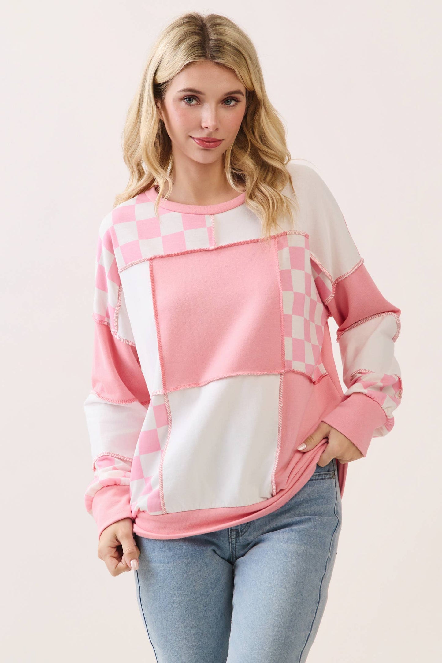 Checkered Print Patchwork Pullover Top PP114