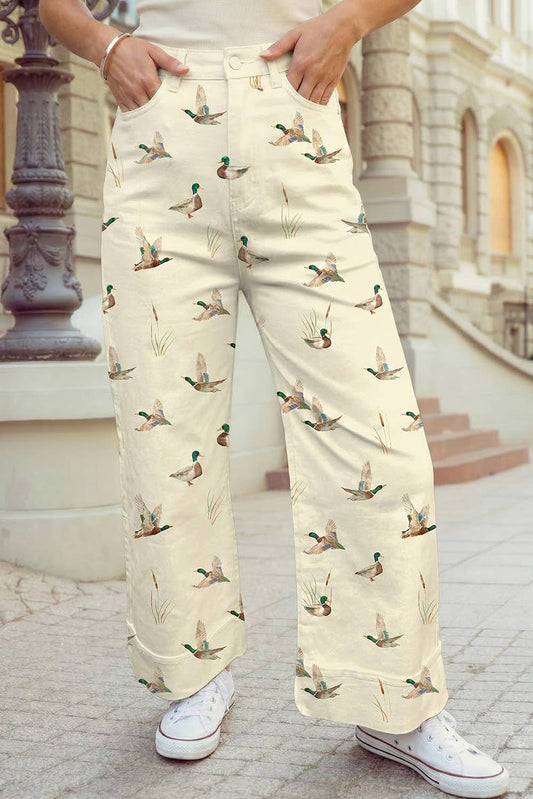 Mallard Duck Print Denim Wide Leg Pants PP156