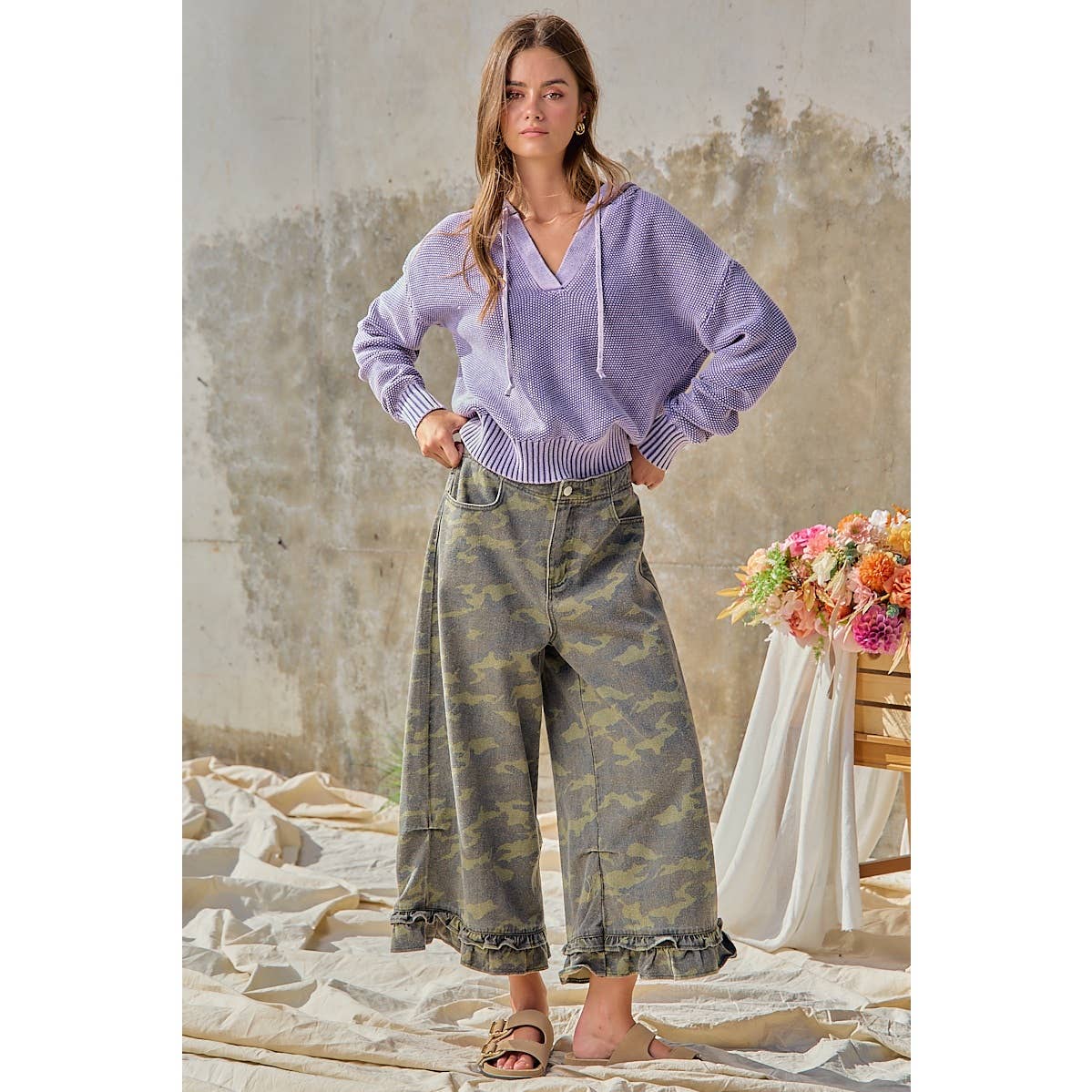 Camouflage Denim Ruffled Hem Mid Rise Bloomer Pants PP175