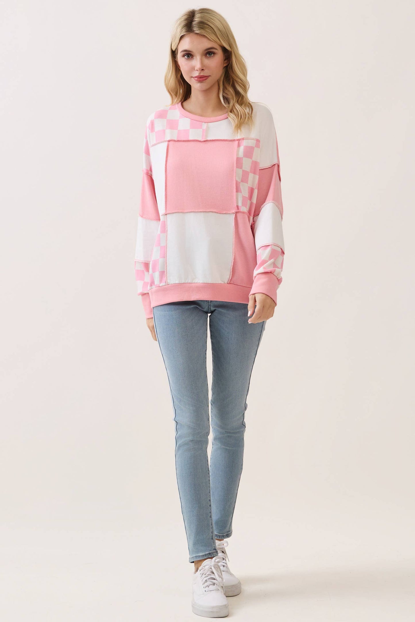 Checkered Print Patchwork Pullover Top PP114