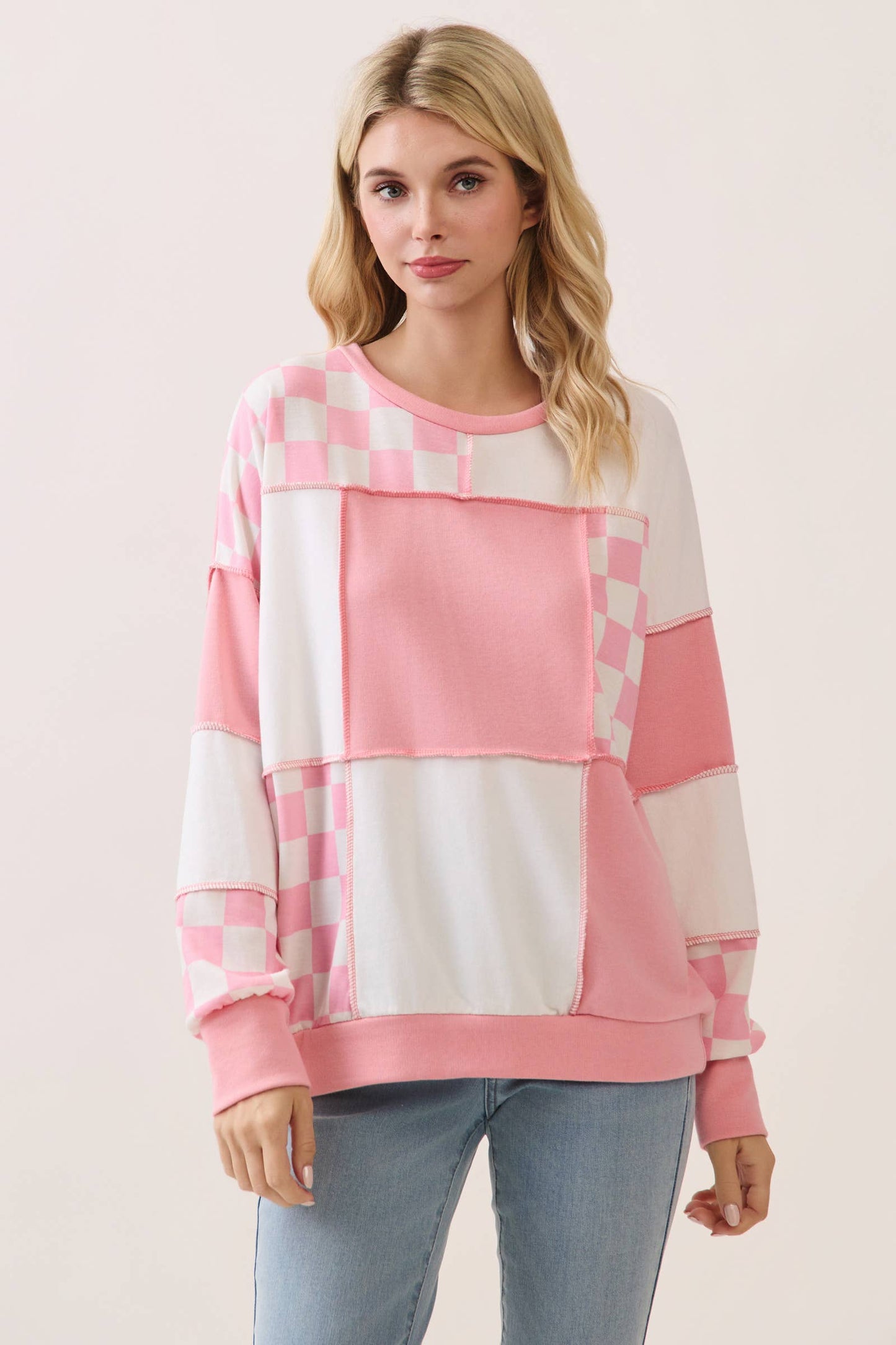Checkered Print Patchwork Pullover Top PP114