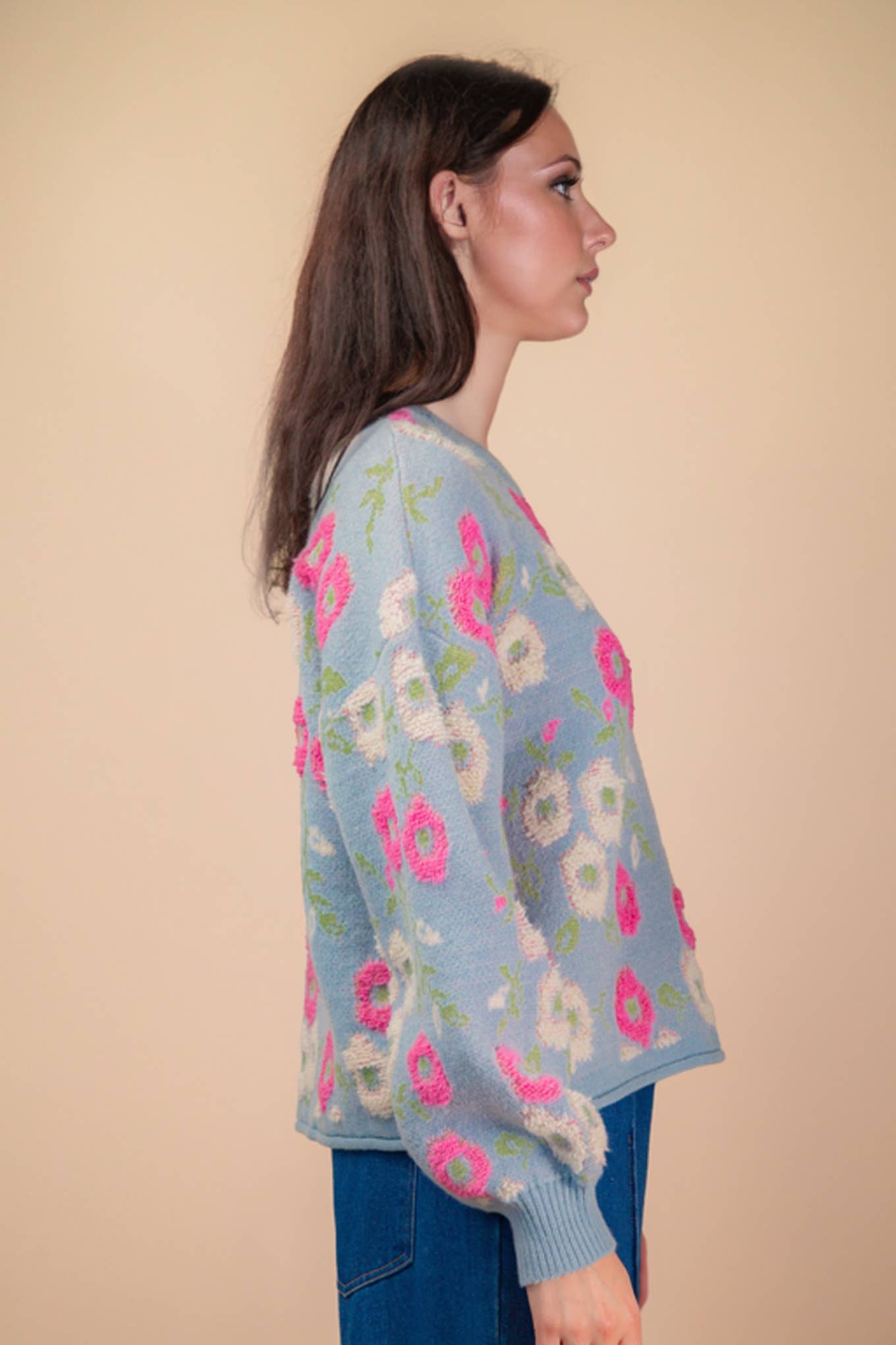 Oversized Floral Textured Printed Knit Sweater Top PP126