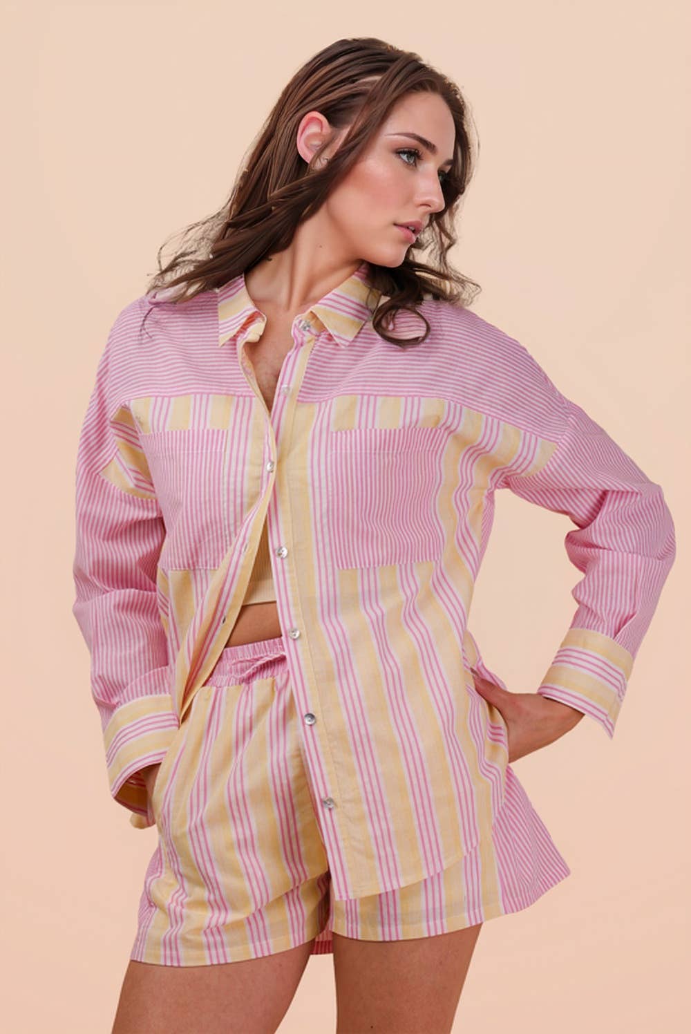 NT12497SET-Stripe Woven Shirt Top & Shorts Set
