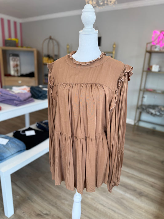Brown Ruffle Sleeve Blouse PP030