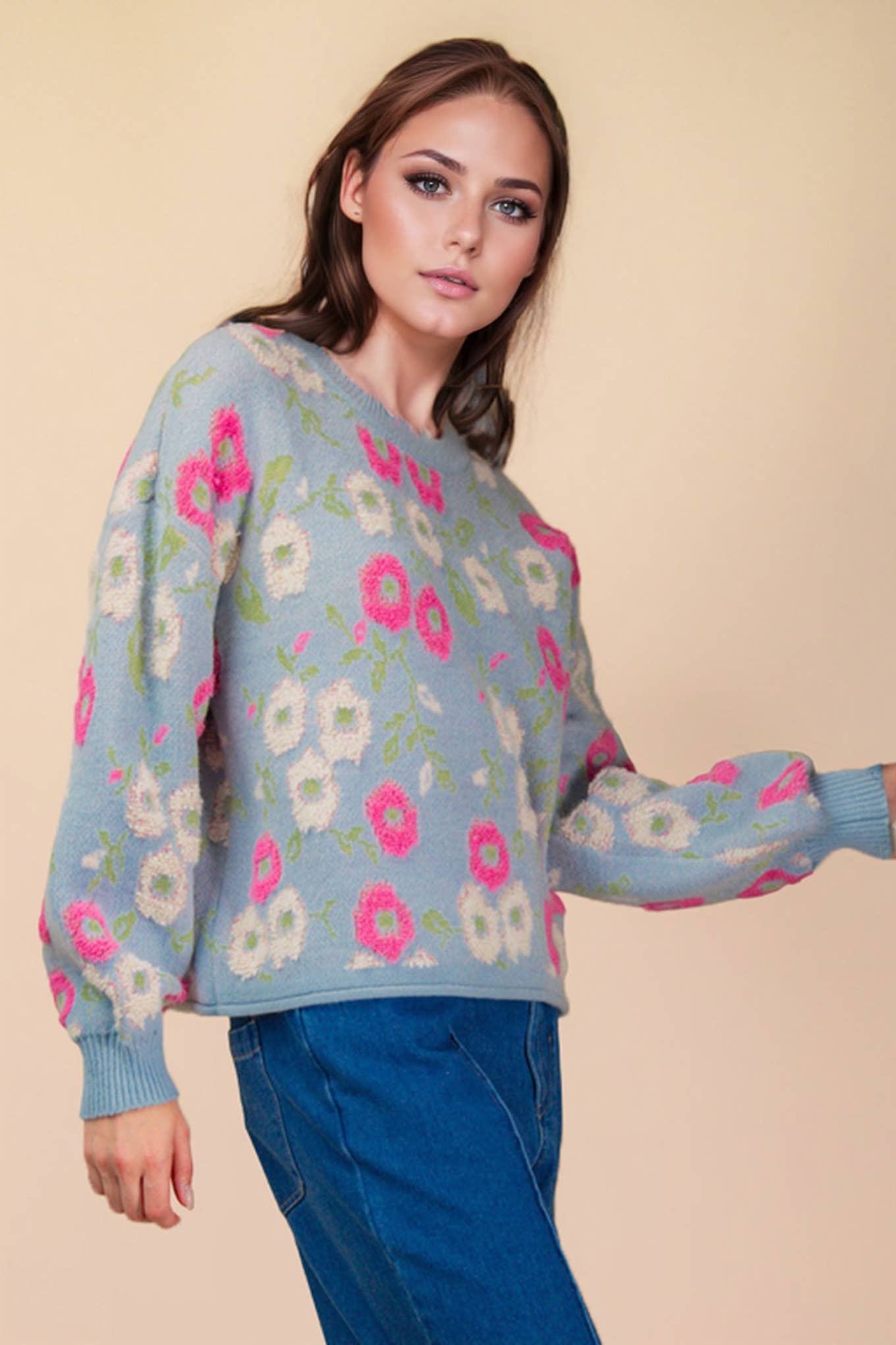 Oversized Floral Textured Printed Knit Sweater Top PP126