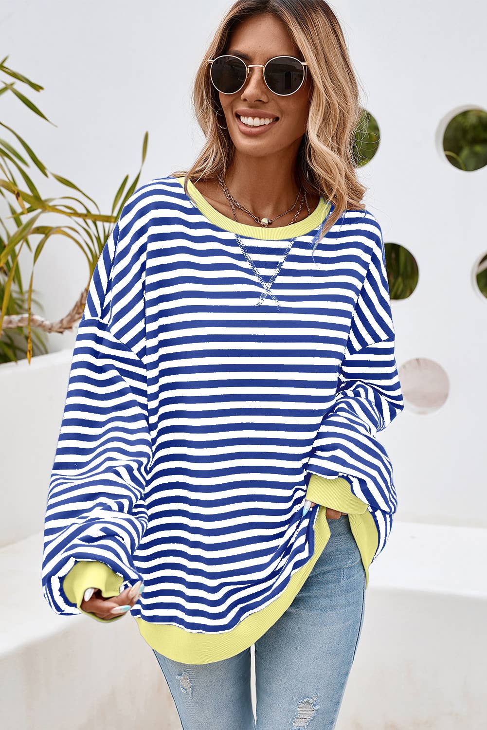 Stripe Contrast Trim Oversized Pullover Sweatshirt PP135