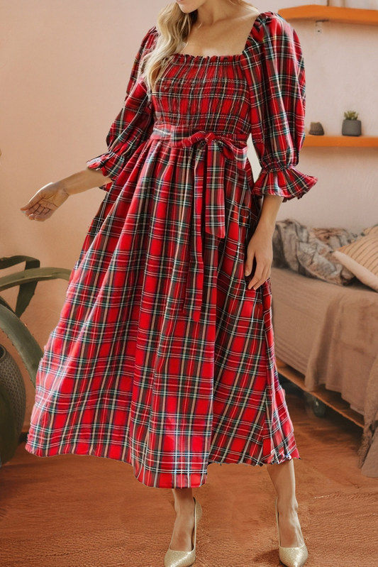 Plaid Square Neck Christmas Knot Waist Flared Dress PP116