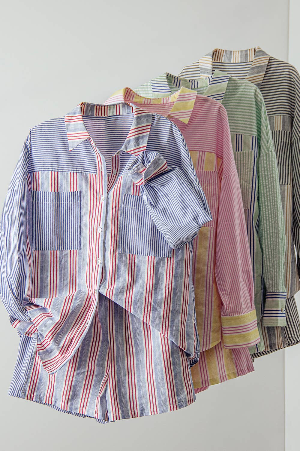NT12497SET-Stripe Woven Shirt Top & Shorts Set
