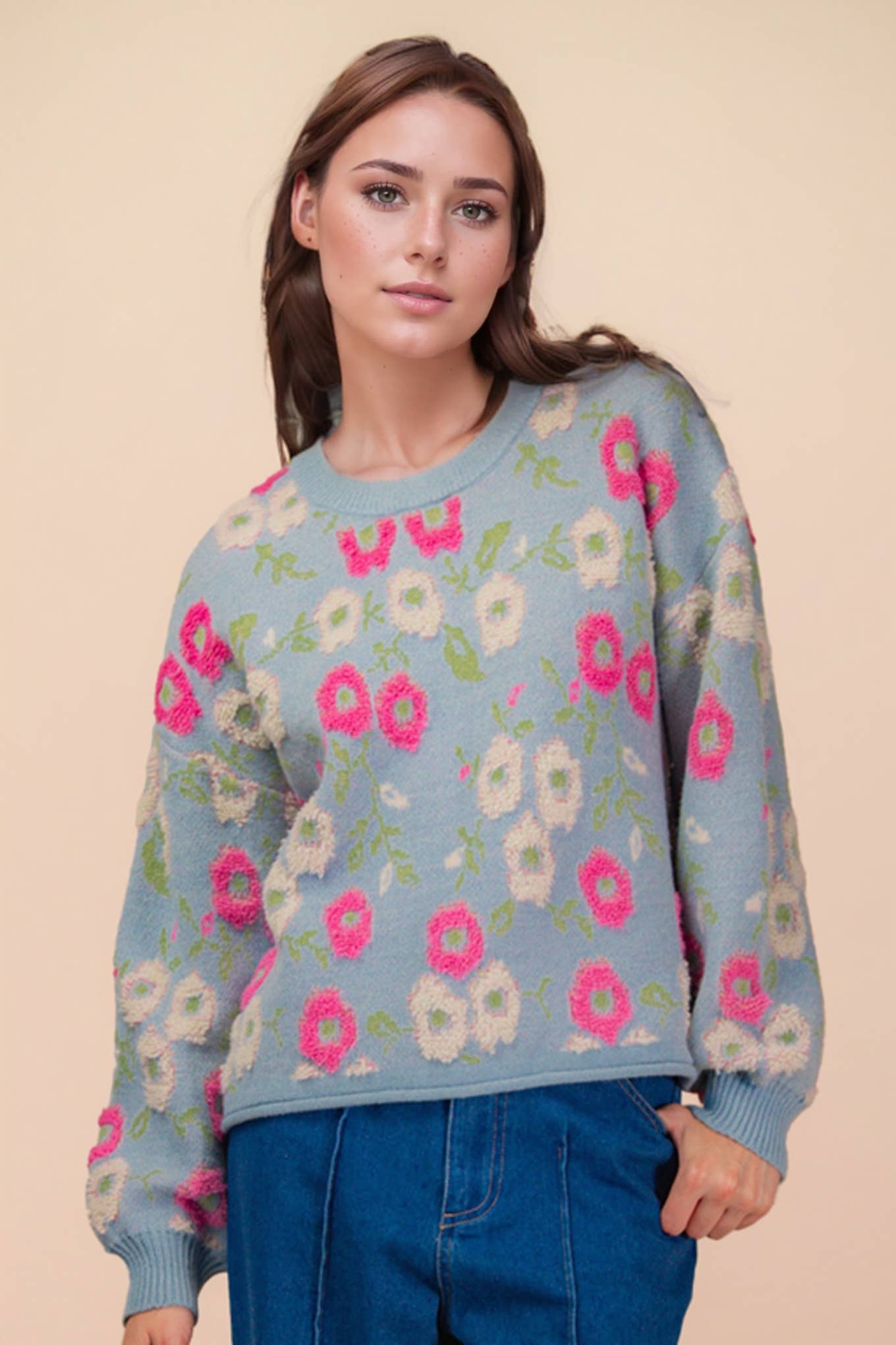 Oversized Floral Textured Printed Knit Sweater Top PP126