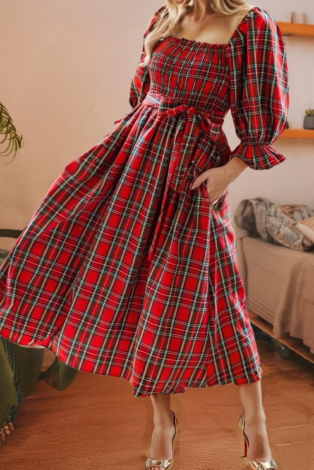 Plaid Square Neck Christmas Knot Waist Flared Dress PP116