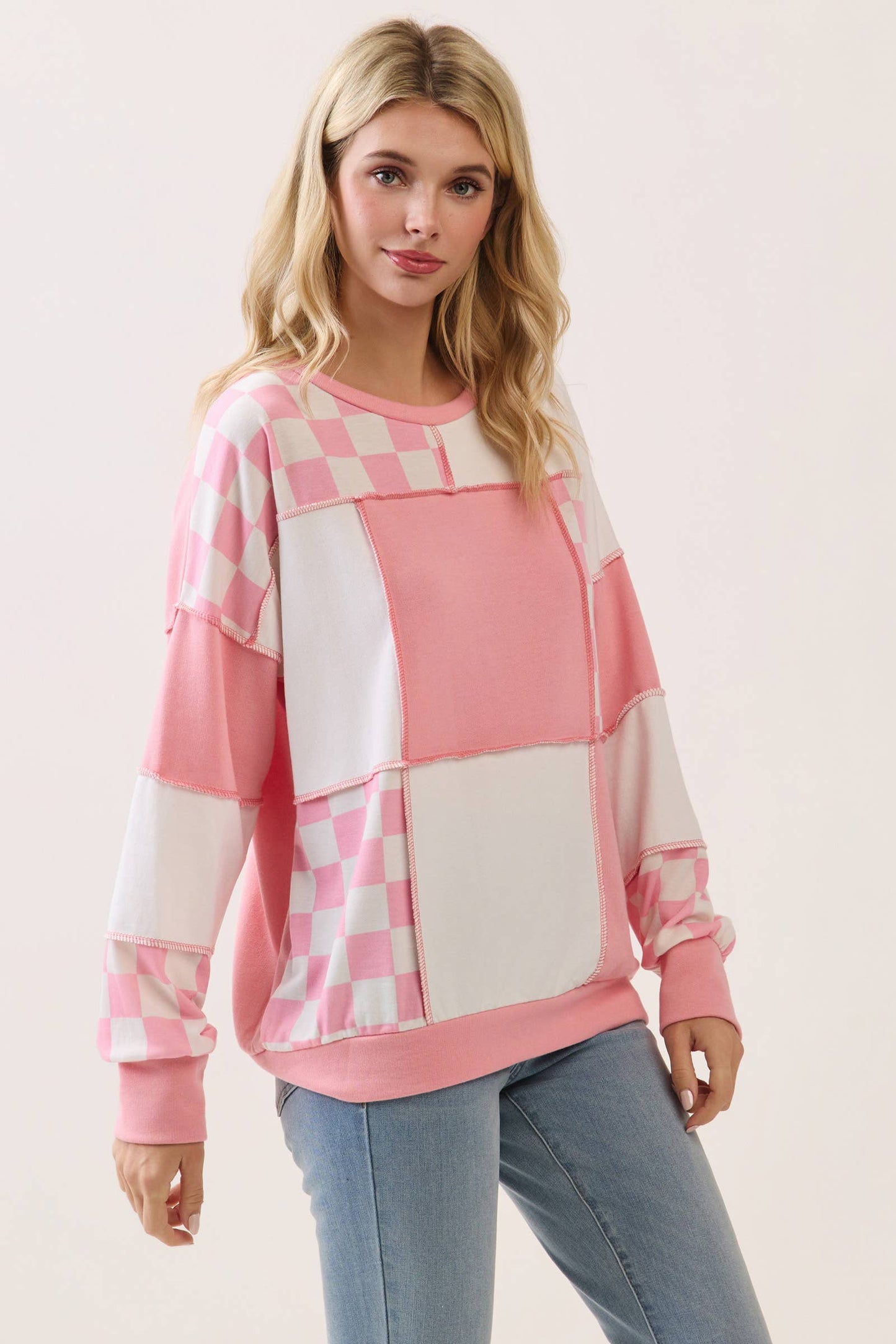 Checkered Print Patchwork Pullover Top PP114