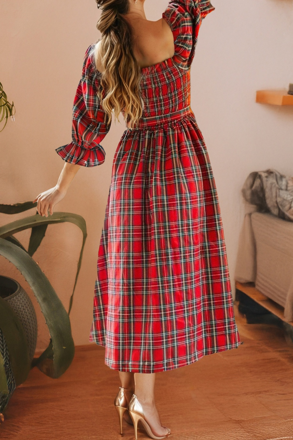 Plaid Square Neck Christmas Knot Waist Flared Dress PP116