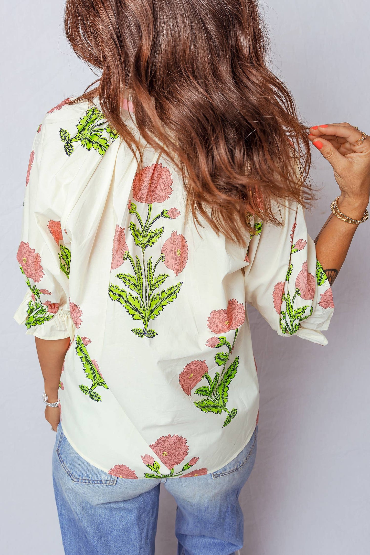 Wild Flower Print V Neck 3/4 Sleeve Blouse PP147