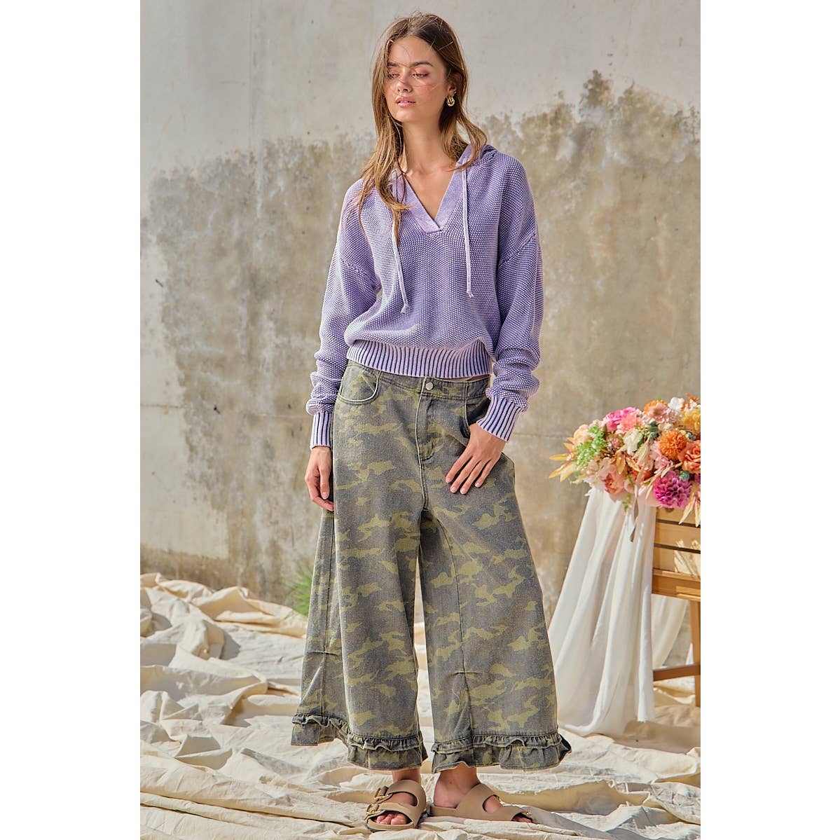 Camouflage Denim Ruffled Hem Mid Rise Bloomer Pants PP175