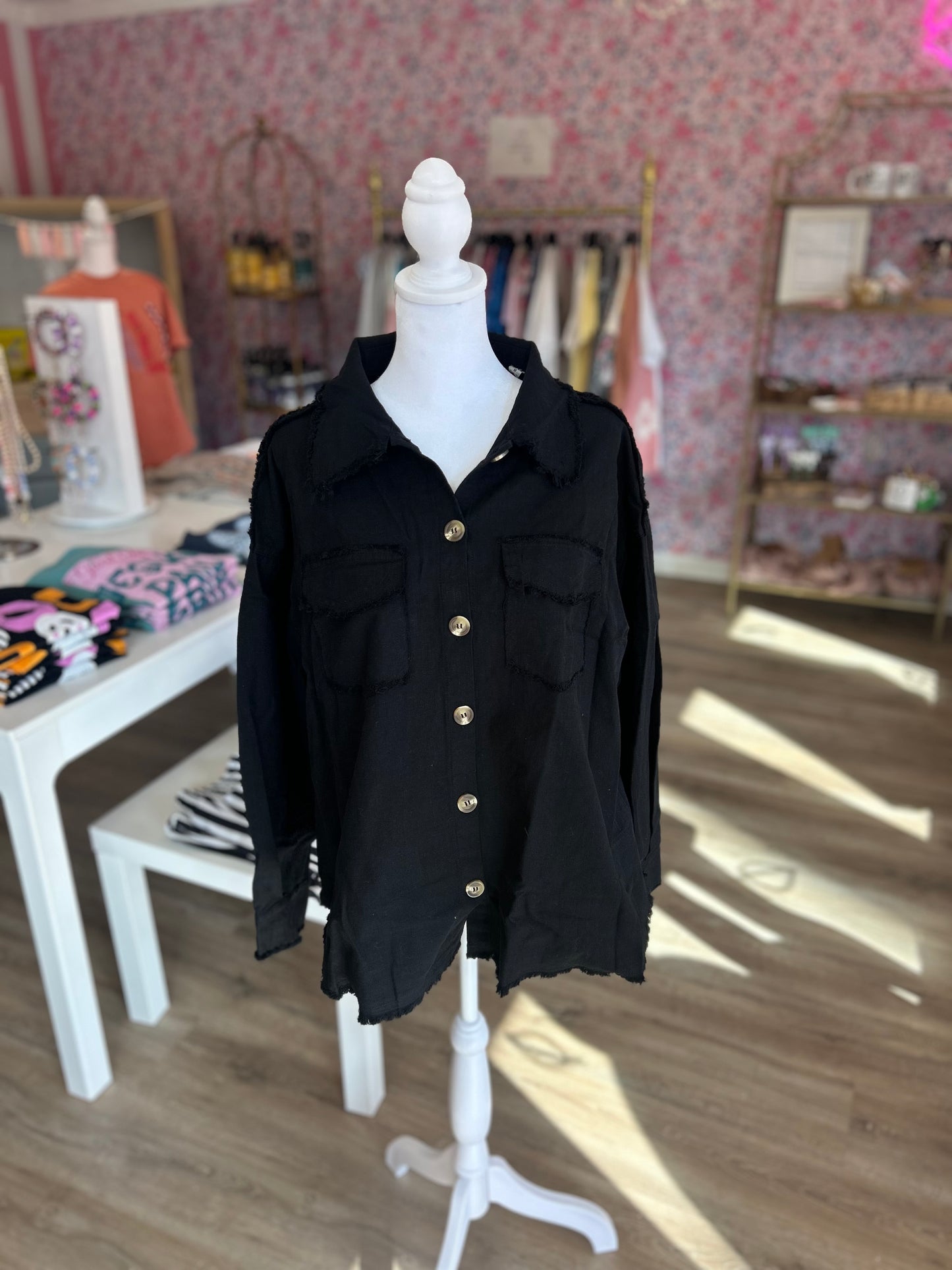 Black Distressed Shacket PP067