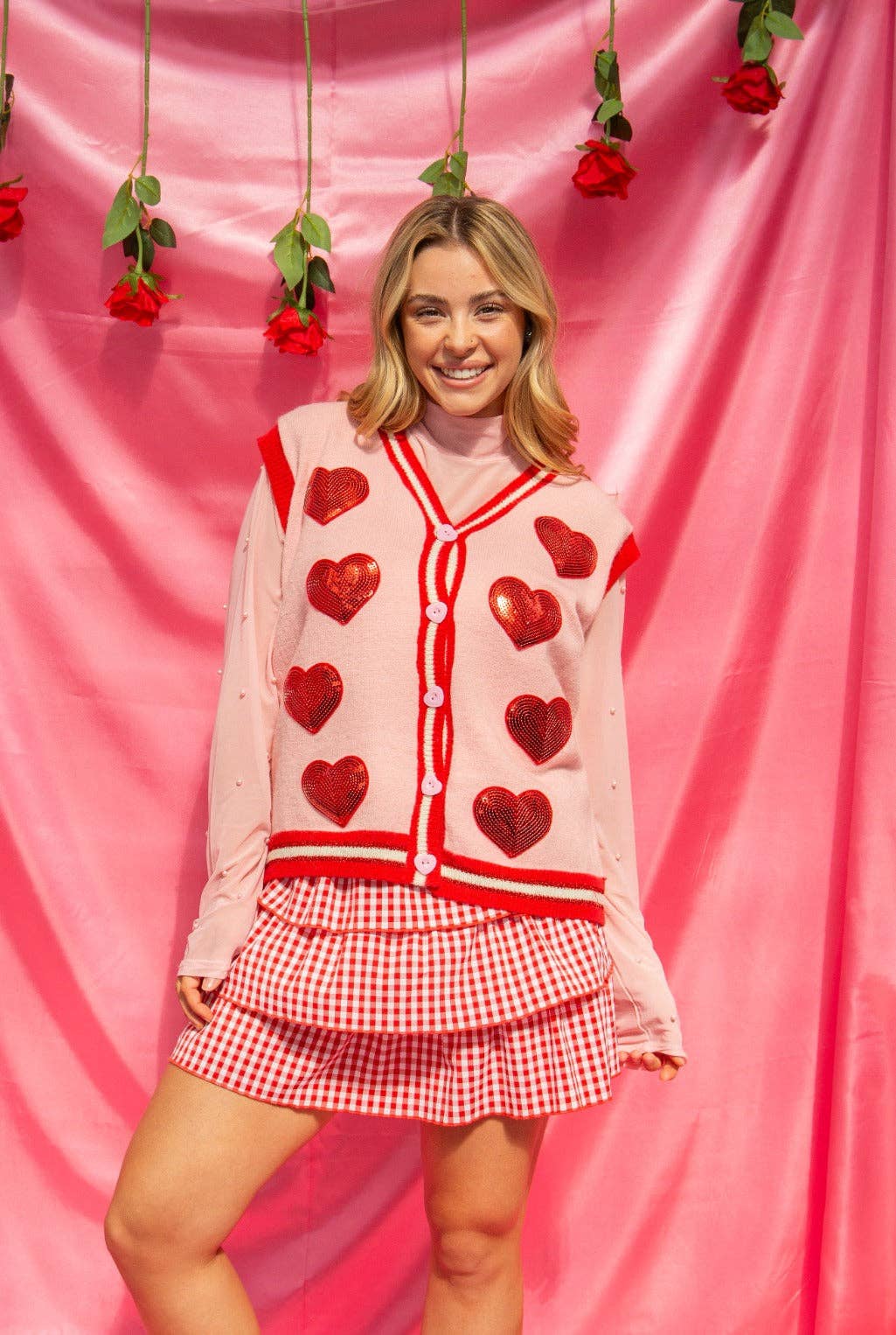 Sequin Hearts on Pink Sweater Vest PP118