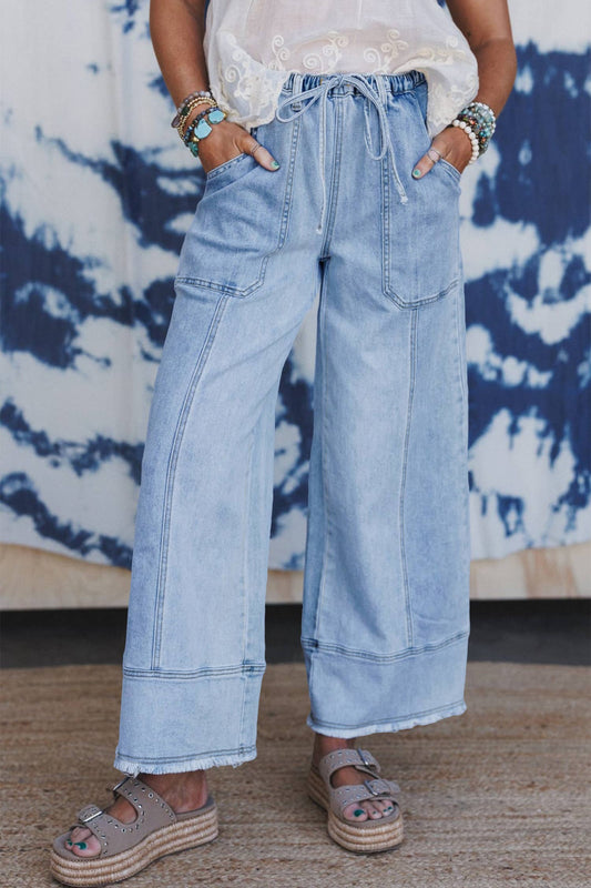 Drawstring Seam Detail Raw Hem Wide Leg Denim Pants PP176