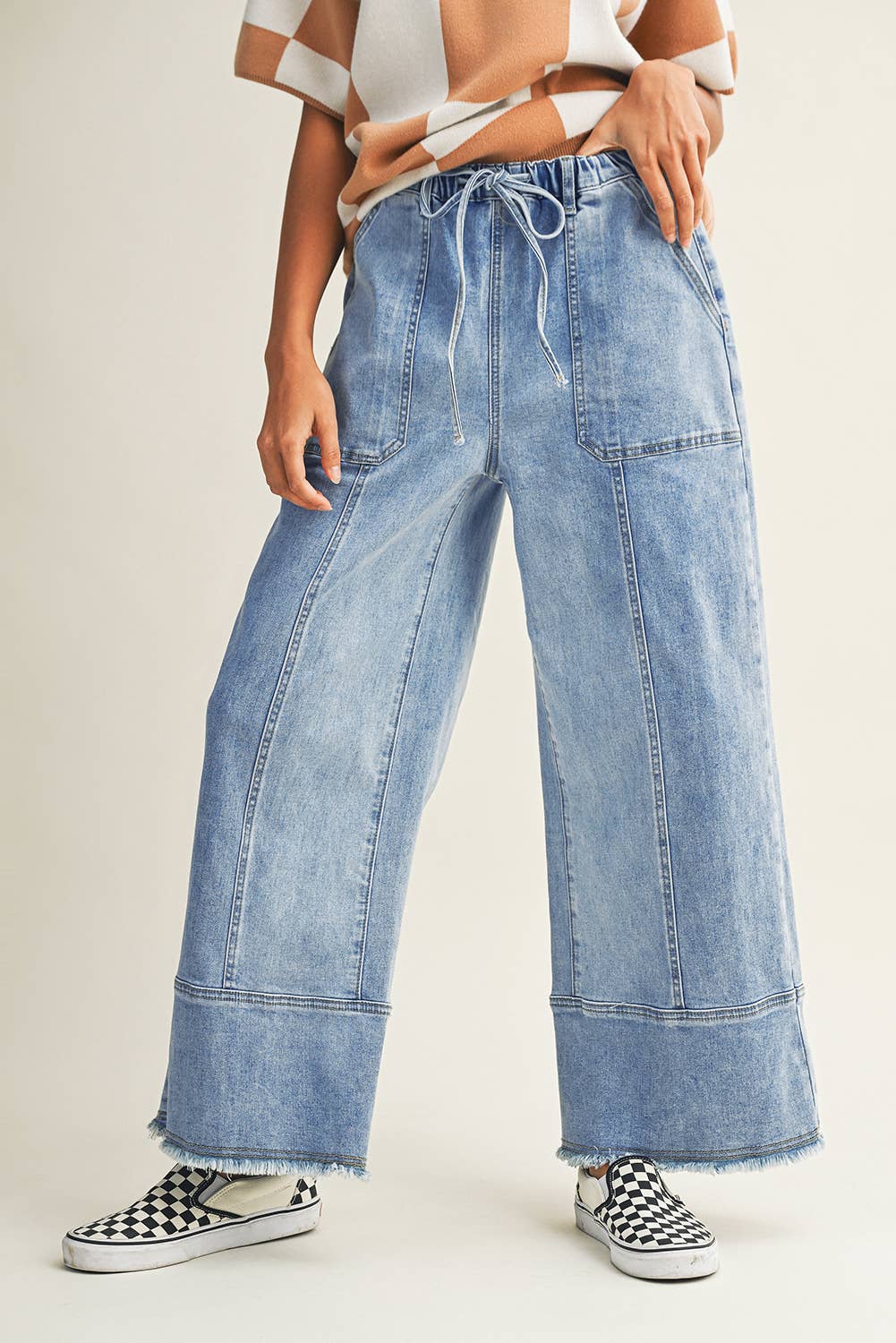 Drawstring Seam Detail Raw Hem Wide Leg Denim Pants PP176