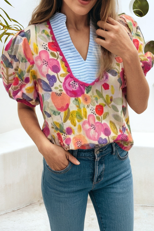 LDC Floral Bubble Sleeve Contrast Scallop Striped Blouse PP174