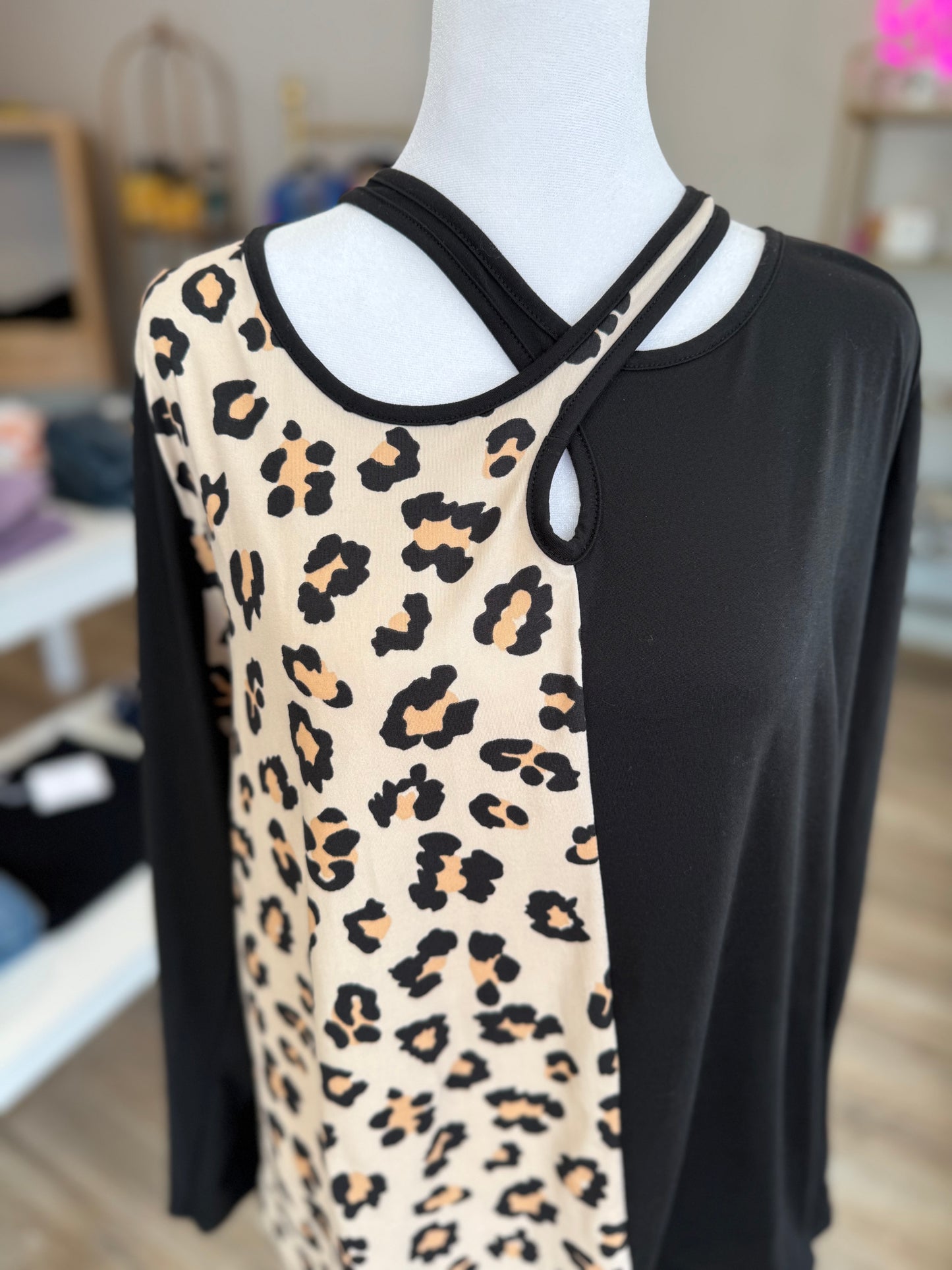 Black Cross Front Cheetah Blouse PP029