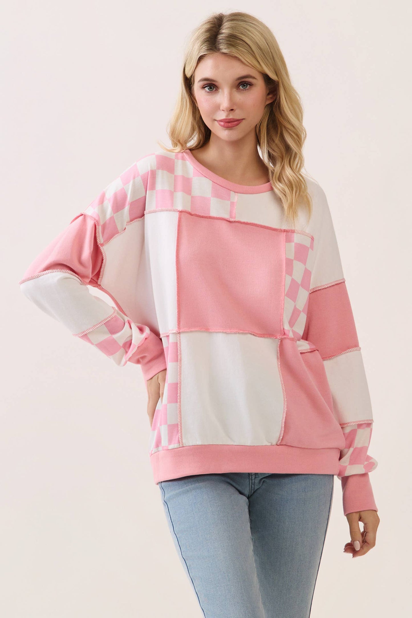 Checkered Print Patchwork Pullover Top PP114