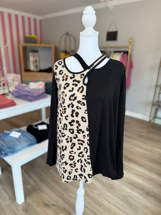 Black Cross Front Cheetah Blouse PP029