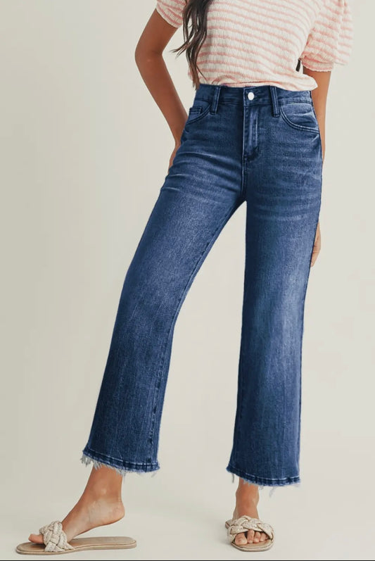 Mineral Wash Raw Hem High Waist Flare Jeans PP060