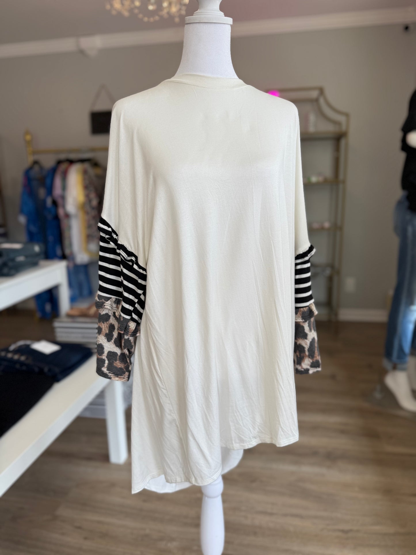 White Ruffle Cheetah Sleeve Blouse PP021