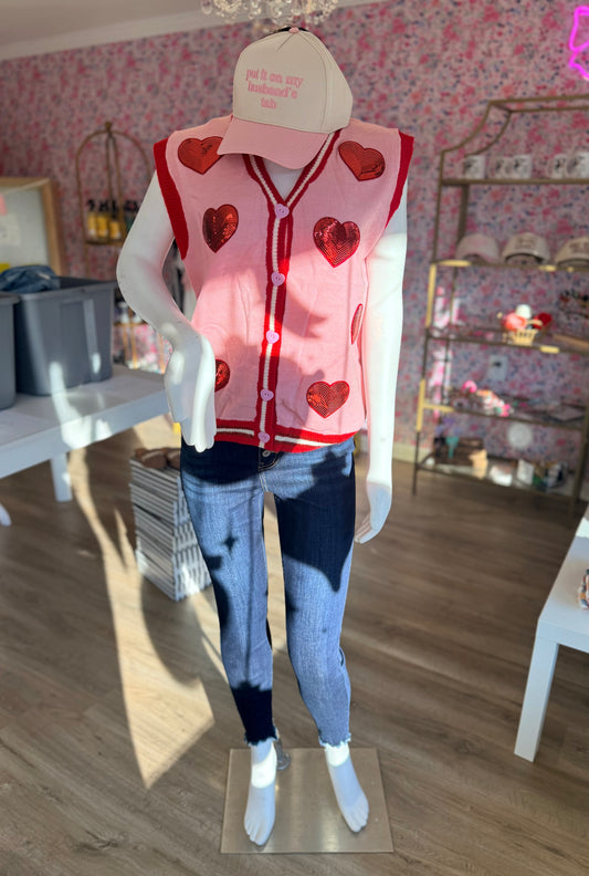 Sequin Hearts on Pink Sweater Vest PP118