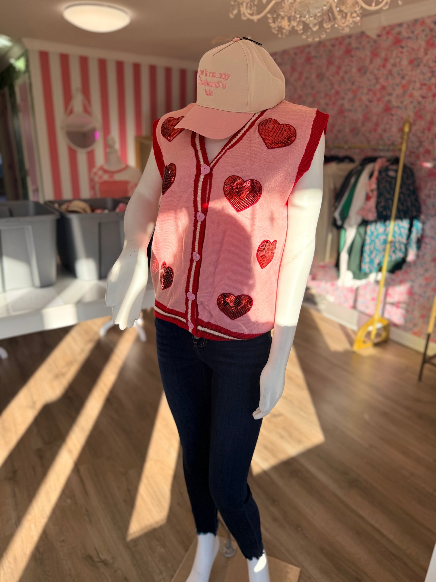 Sequin Hearts on Pink Sweater Vest PP118