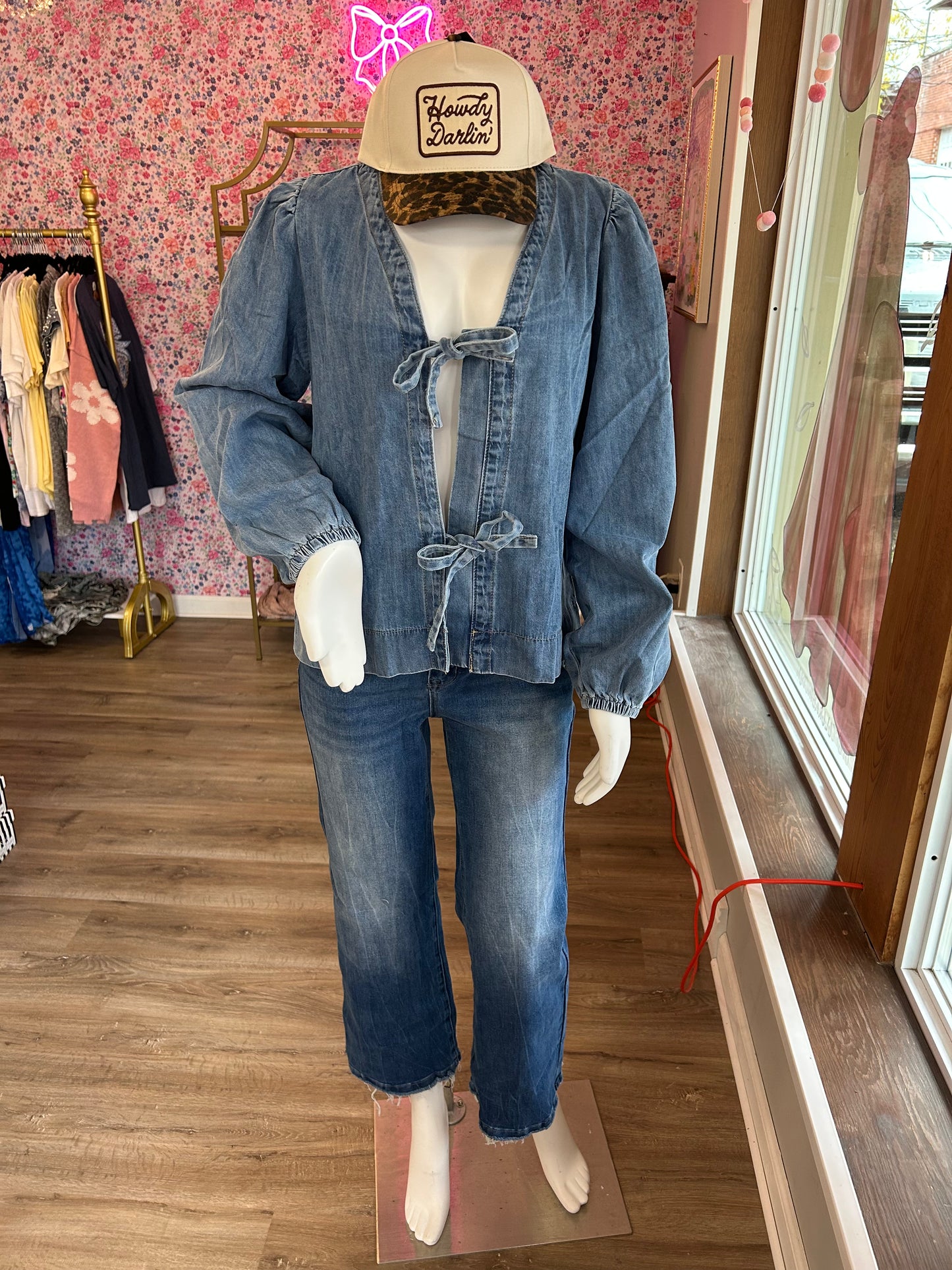 Tied Front Long Puff Sleeve Denim Top PP070